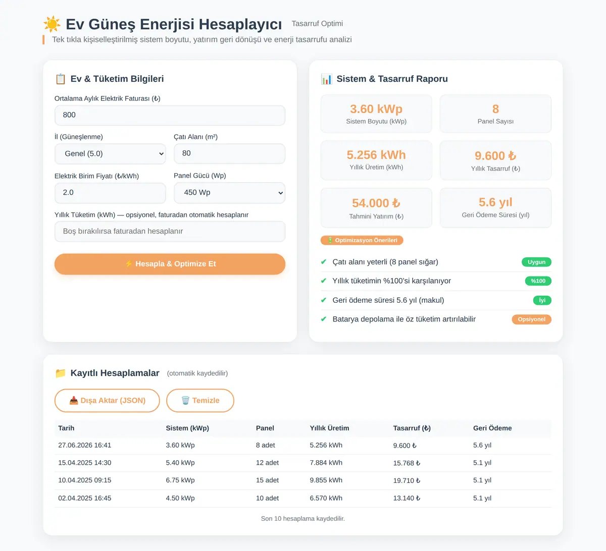 Ev Güneş Enerjisi Hesaplayıcı - Tasarruf Optimi ekran görüntüsü 3