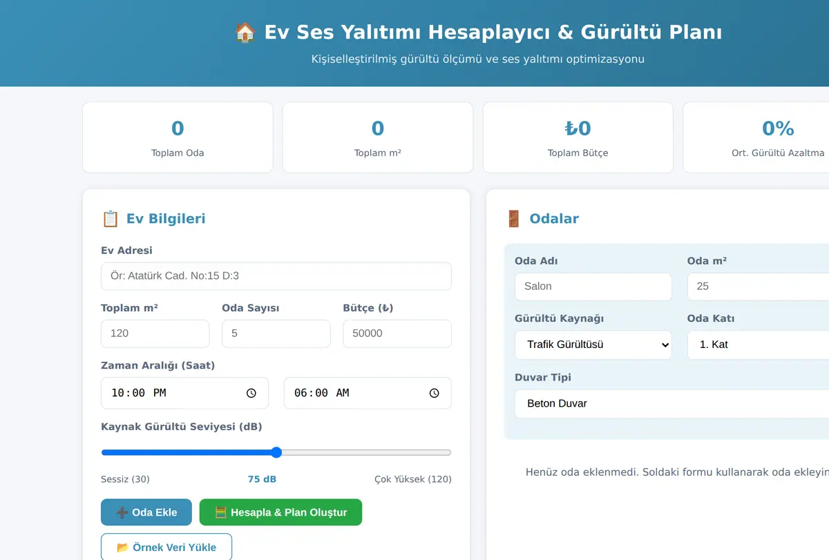 Ev Ses Yalıtımı Hesaplayıcı & Gürültü Planı ekran görüntüsü