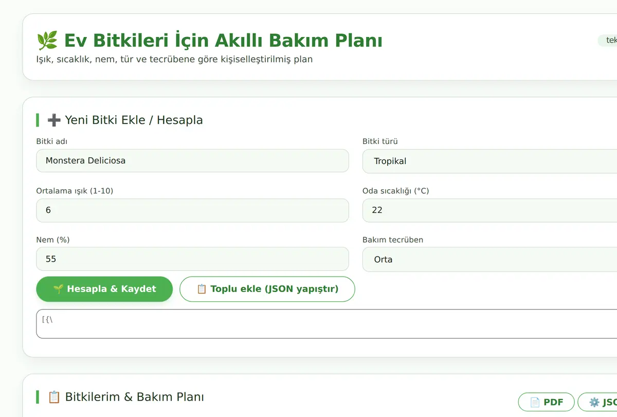 Ev Bitkileri İçin Akıllı Bakım Planı ekran görüntüsü