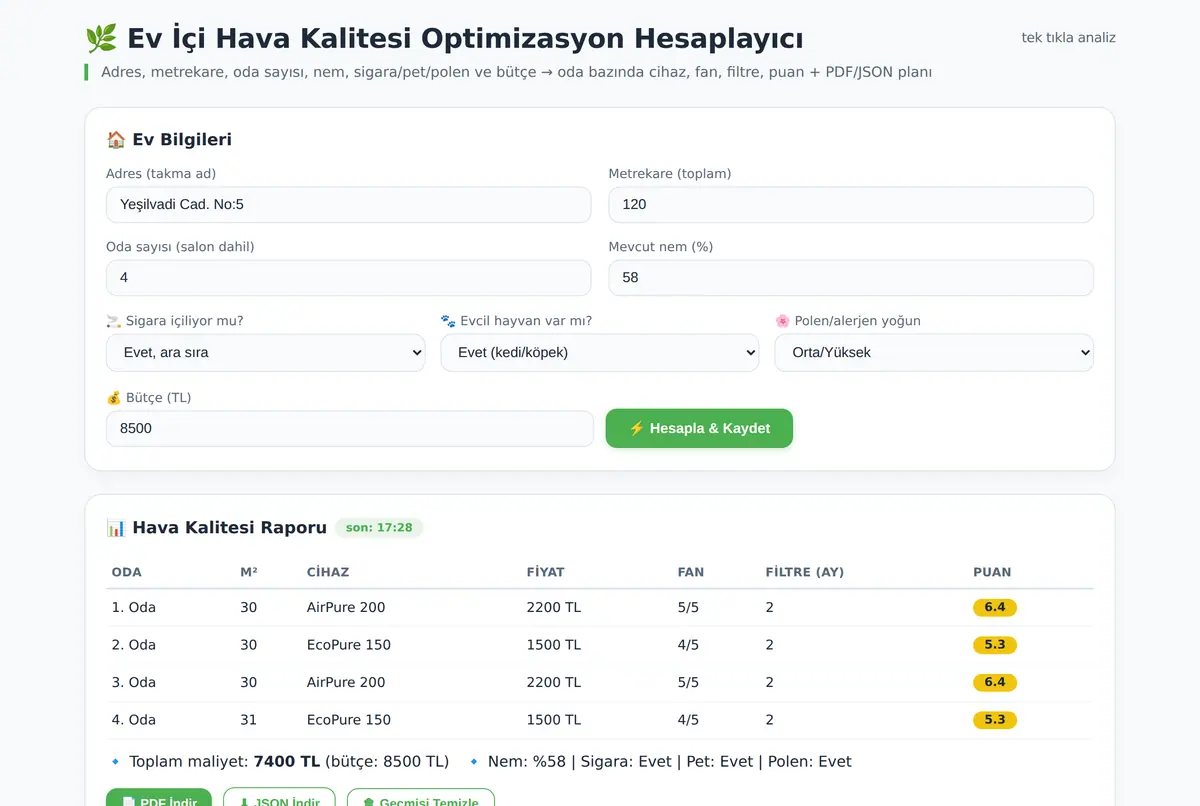 Ev İçi Hava Kalitesi Optimizasyon Hesaplayıcı ekran görüntüsü 2