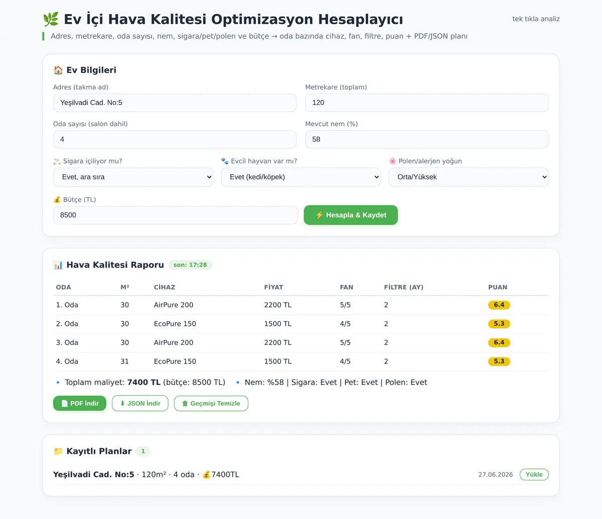 Ev İçi Hava Kalitesi Optimizasyon Hesaplayıcı ekran görüntüsü 3