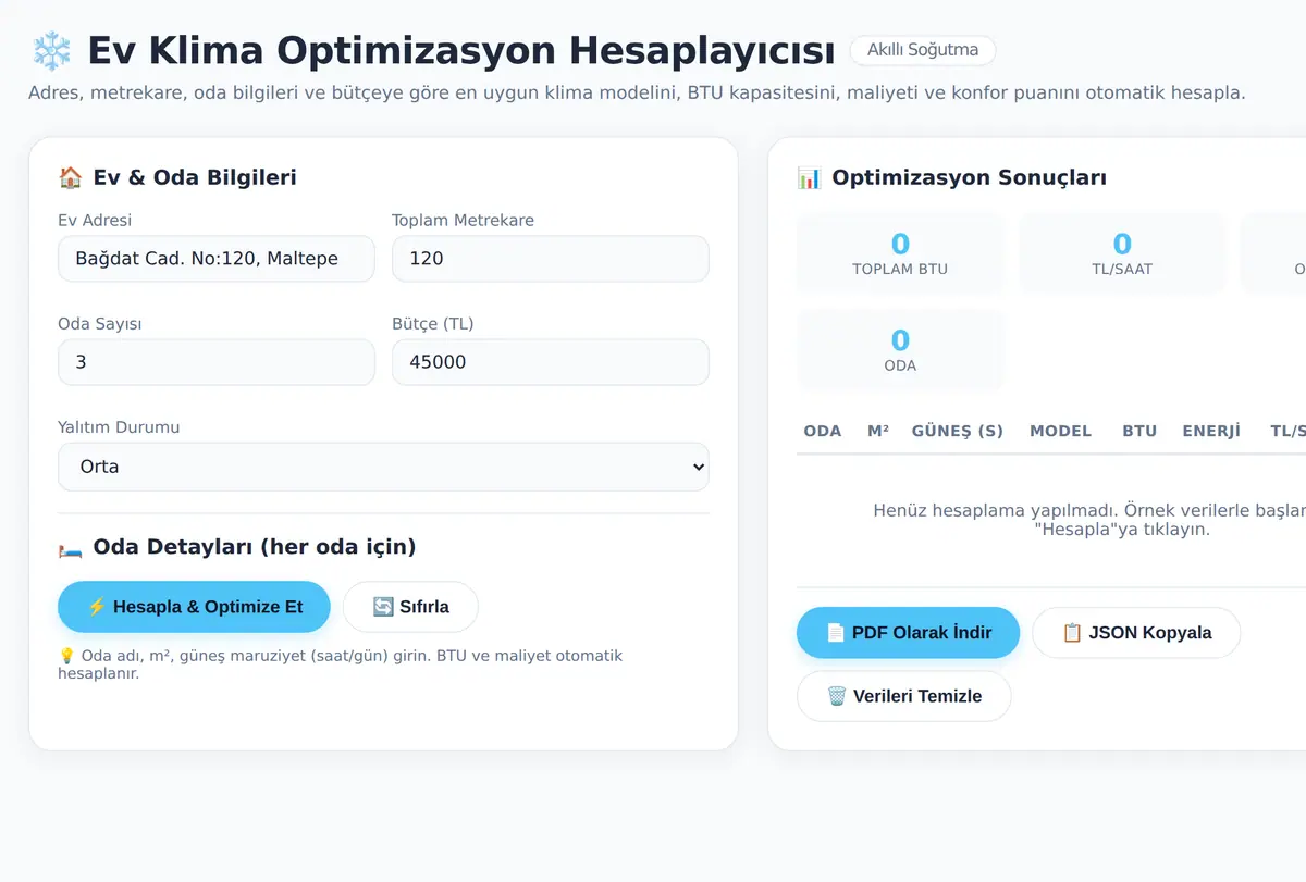Ev Klima Optimizasyon Hesaplayıcısı - Akıllı Soğutma ekran görüntüsü