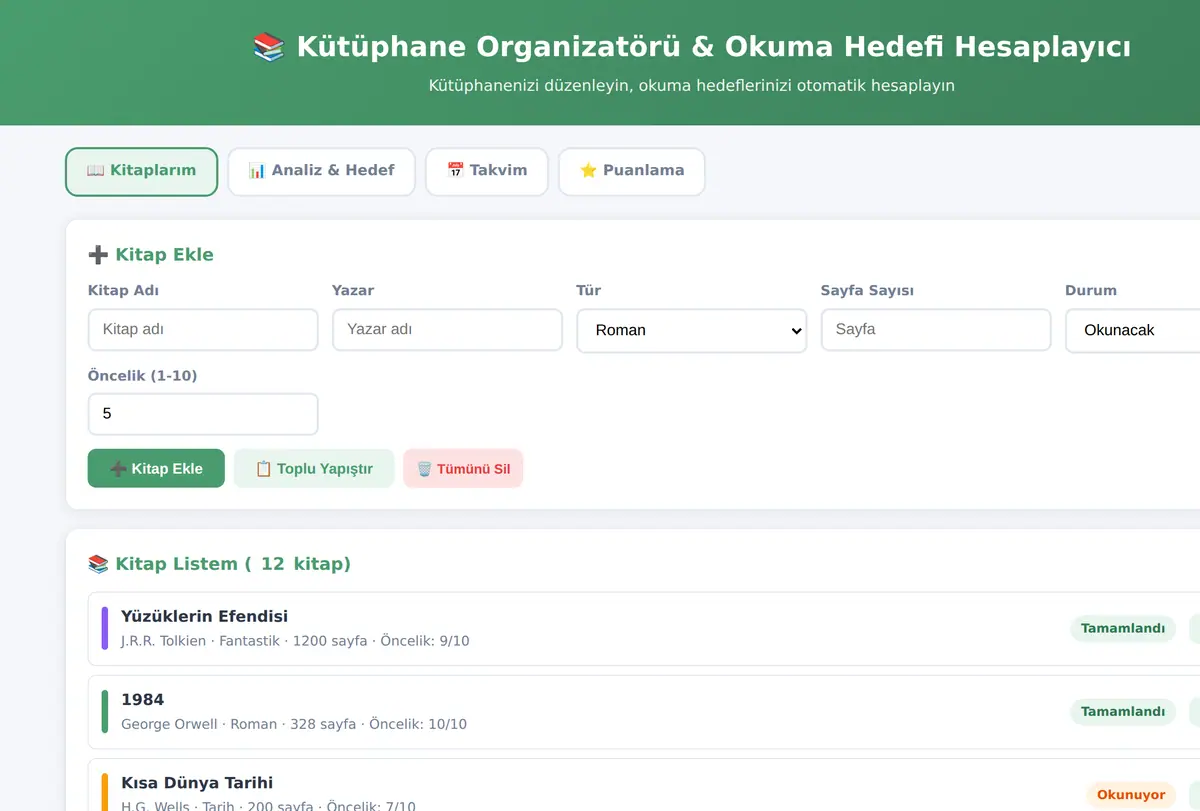 Kütüphane Organizatörü & Okuma Hedefi Hesaplayıcı ekran görüntüsü