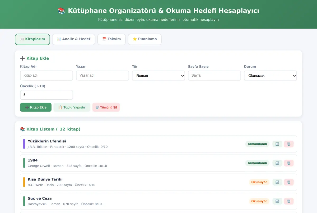 Kütüphane Organizatörü & Okuma Hedefi Hesaplayıcı ekran görüntüsü 2