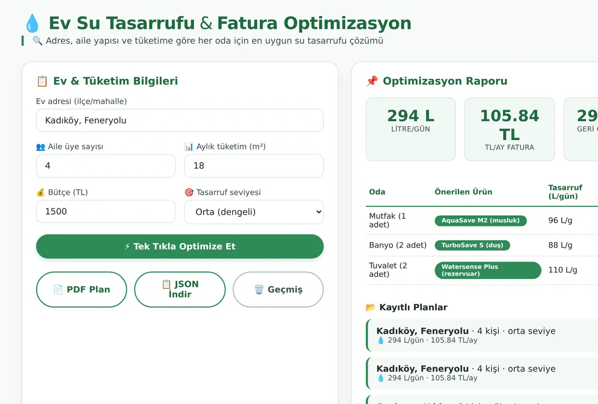 Ev Su Tasarrufu ve Fatura Optimizasyon Hesaplayıcı ekran görüntüsü