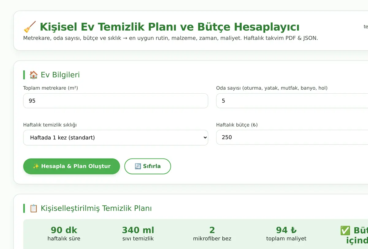 Kişisel Ev Temizlik Planı ve Bütçe Hesaplayıcı ekran görüntüsü