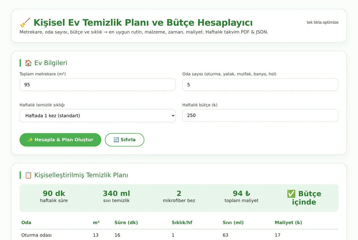 Kişisel Ev Temizlik Planı ve Bütçe Hesaplayıcı ekran görüntüsü 2