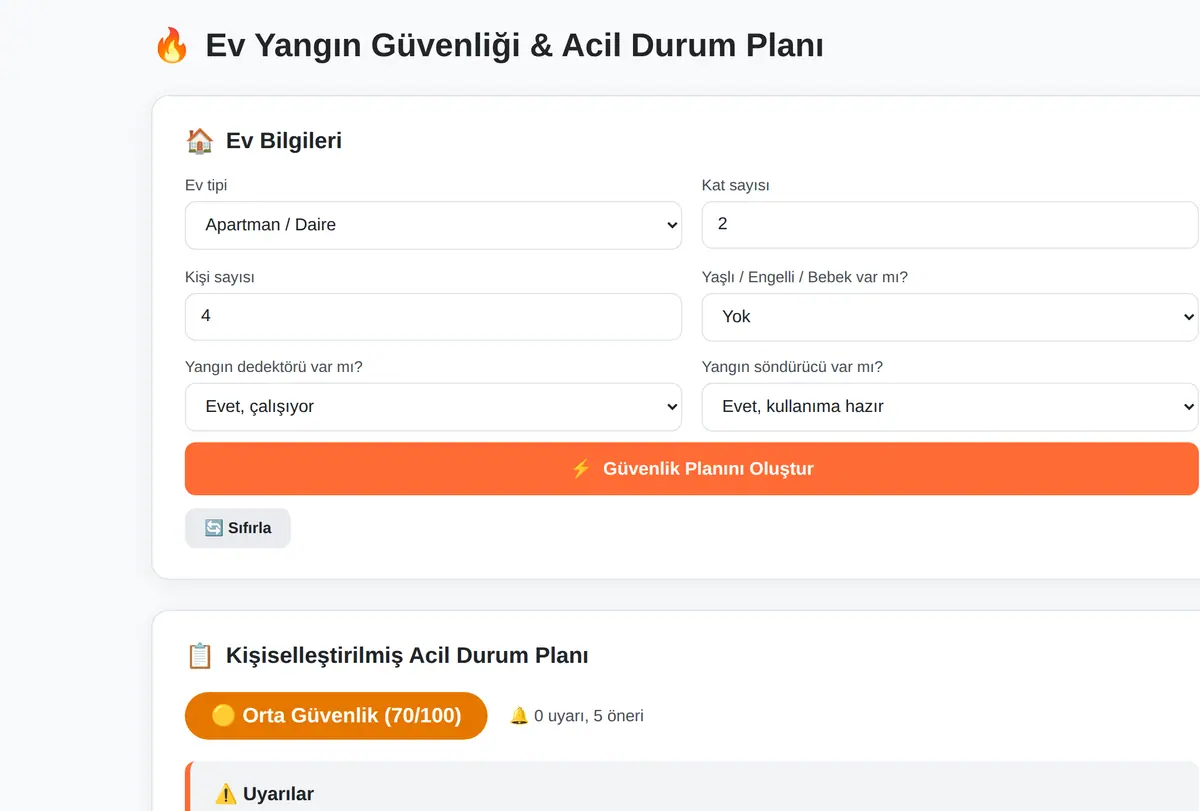 Ev Yangın Güvenliği ve Acil Durum Planı Hesapla ekran görüntüsü