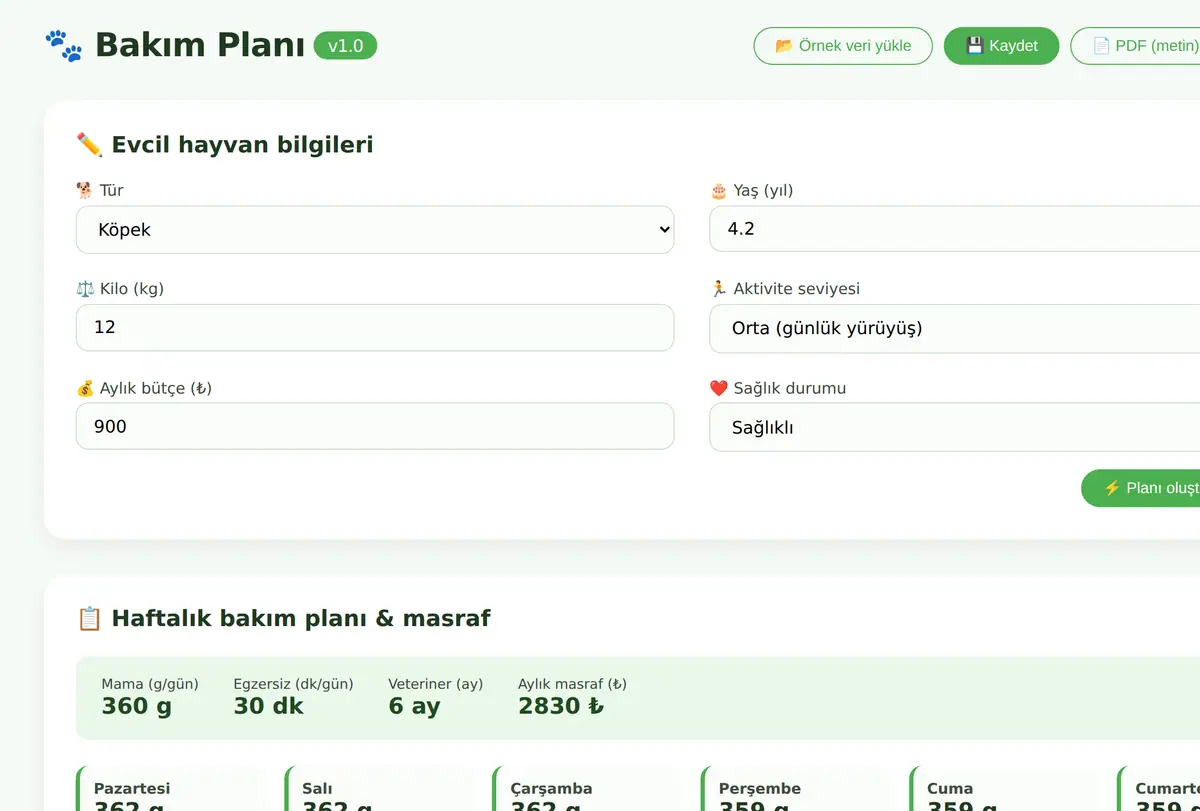 Evcil Hayvan Bakım Planı ve Masraf Hesaplayıcı ekran görüntüsü