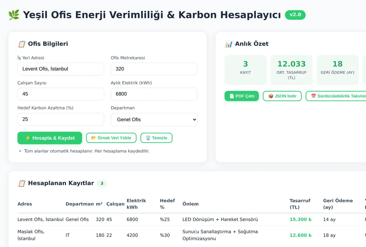 Yeşil Ofis Enerji Verimliliği & Karbon Hesaplayıcı ekran görüntüsü