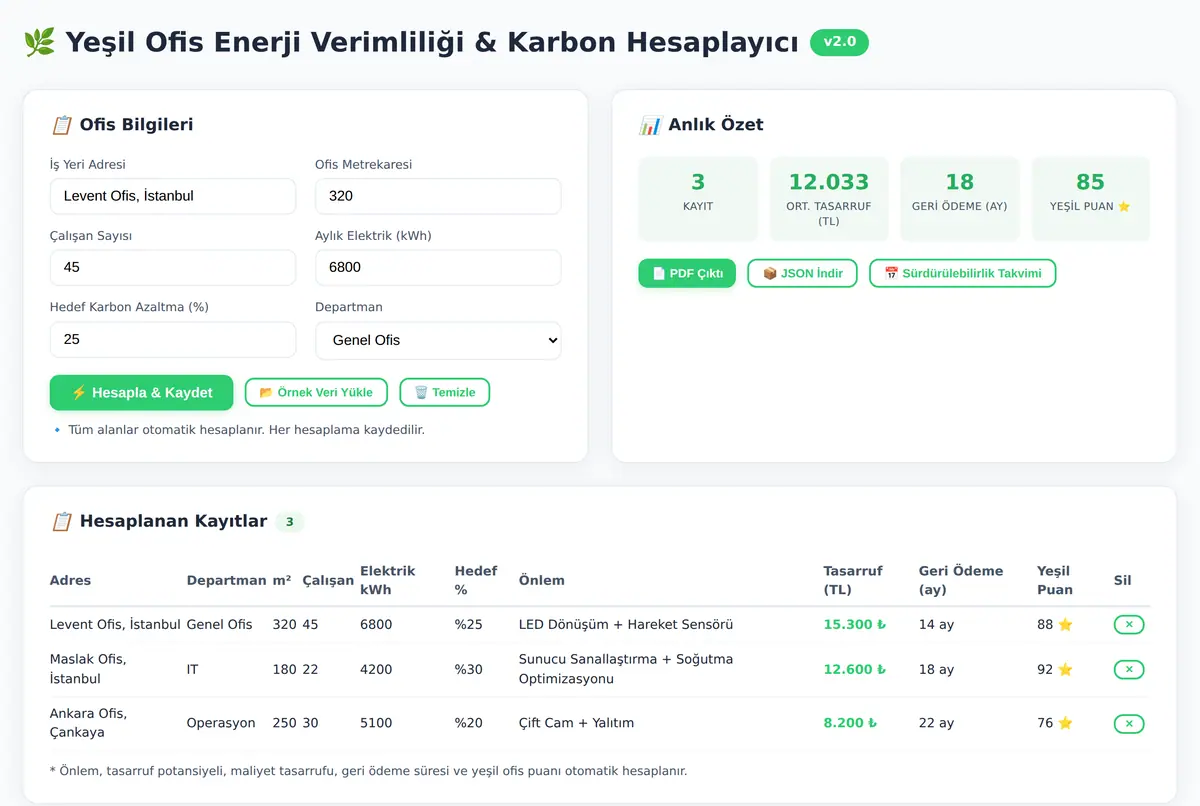 Yeşil Ofis Enerji Verimliliği & Karbon Hesaplayıcı ekran görüntüsü 2