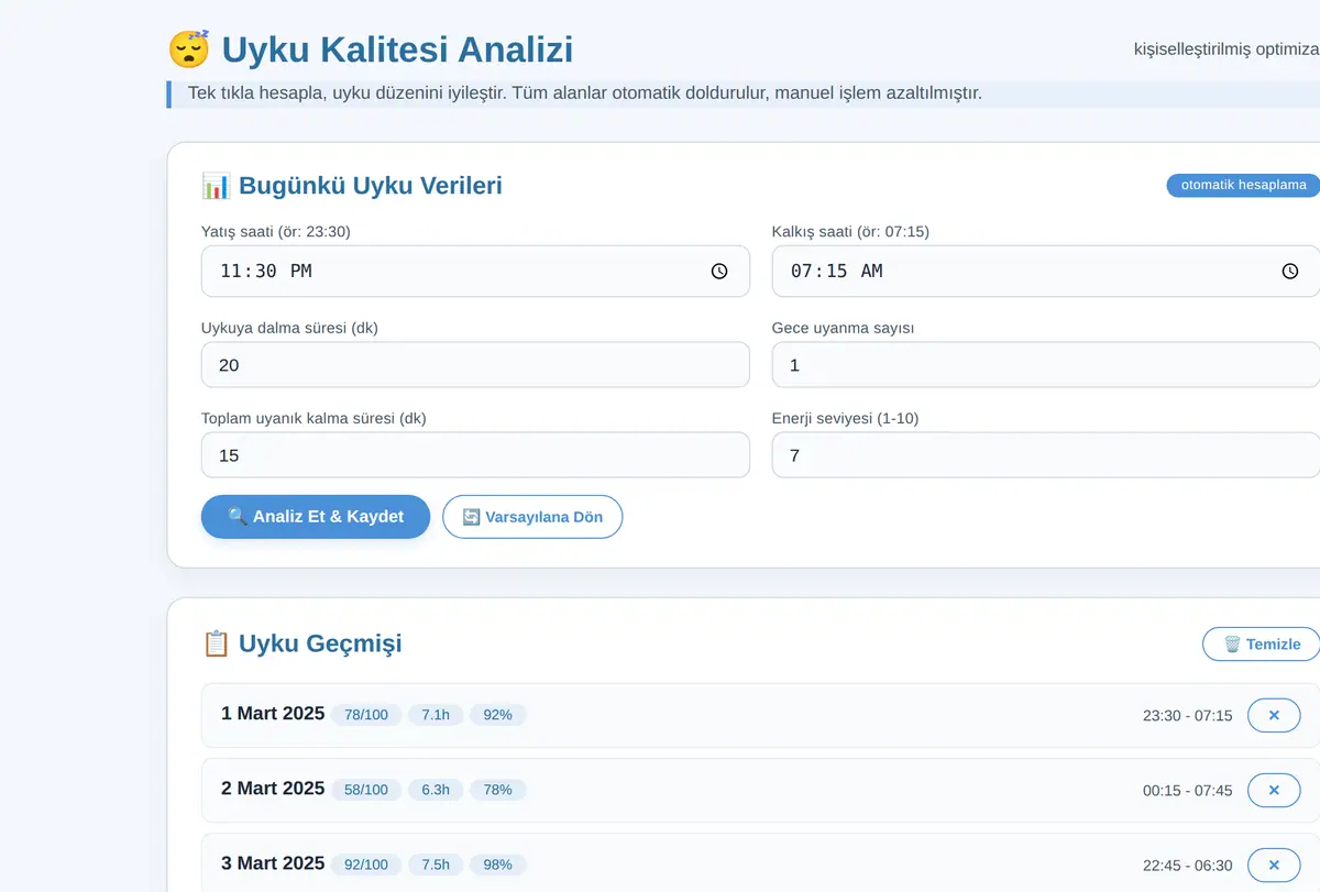 Uyku Kalitesi Analizi ve Optimizasyon Hesaplayıcı ekran görüntüsü