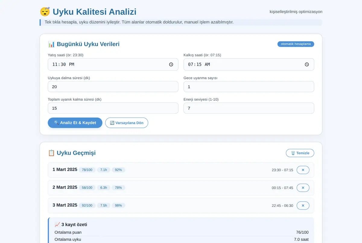 Uyku Kalitesi Analizi ve Optimizasyon Hesaplayıcı ekran görüntüsü 2