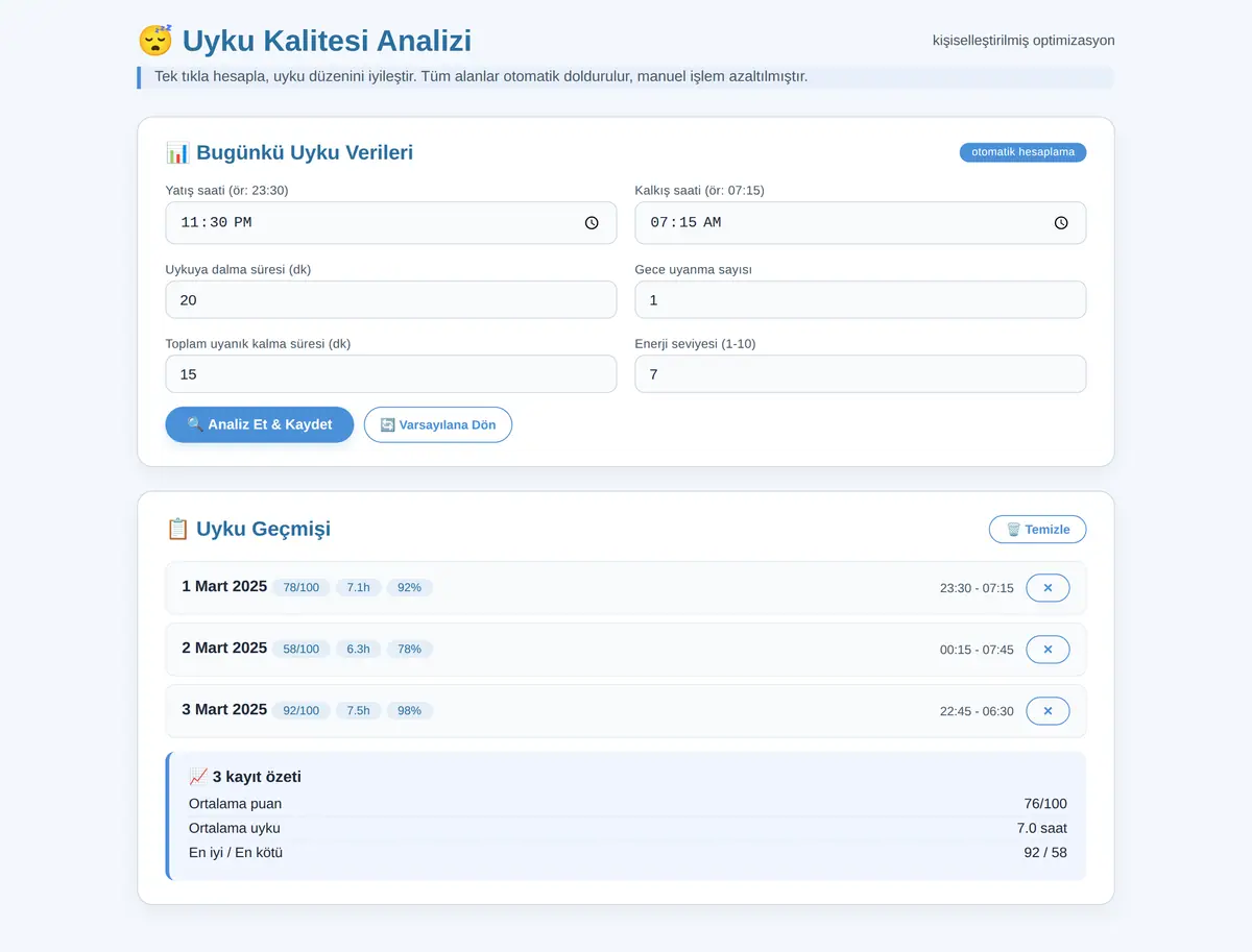 Uyku Kalitesi Analizi ve Optimizasyon Hesaplayıcı ekran görüntüsü 3