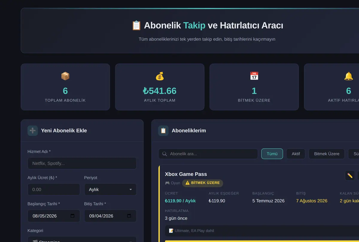 Abonelik Takip ve Hatırlatıcı Aracı ekran görüntüsü