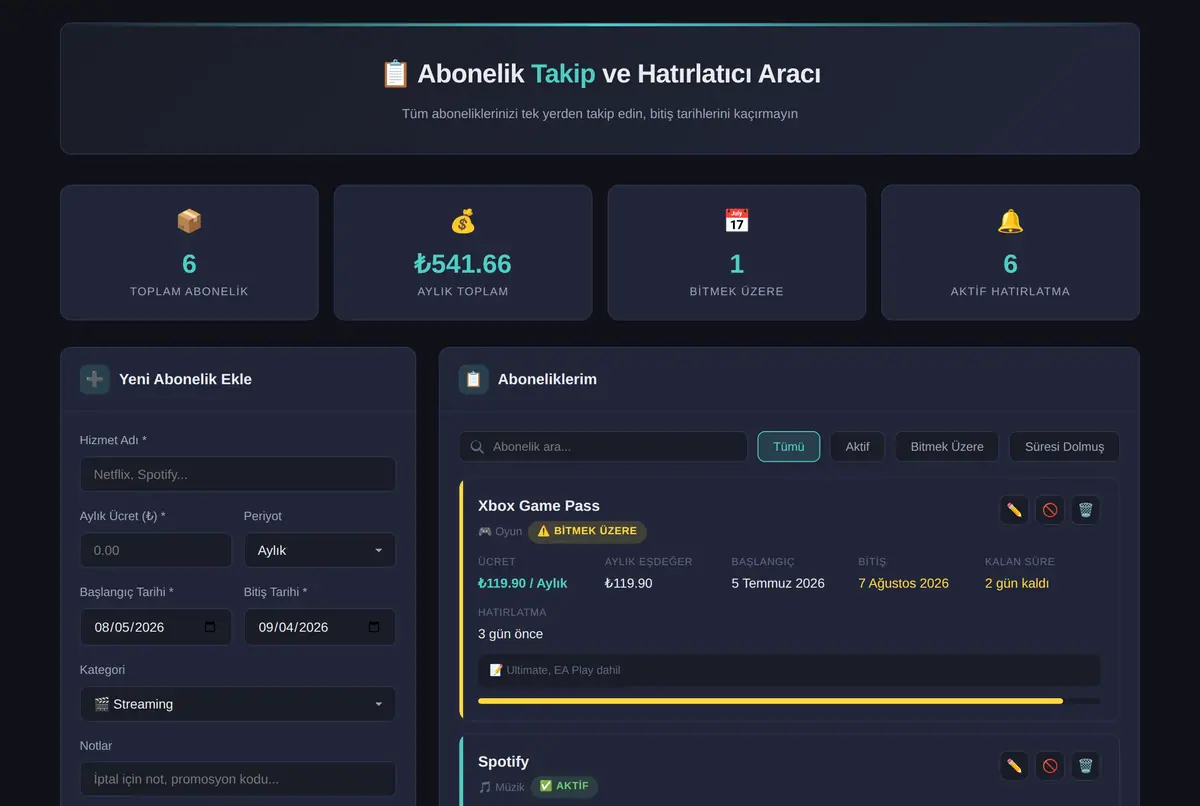 Abonelik Takip ve Hatırlatıcı Aracı ekran görüntüsü 2
