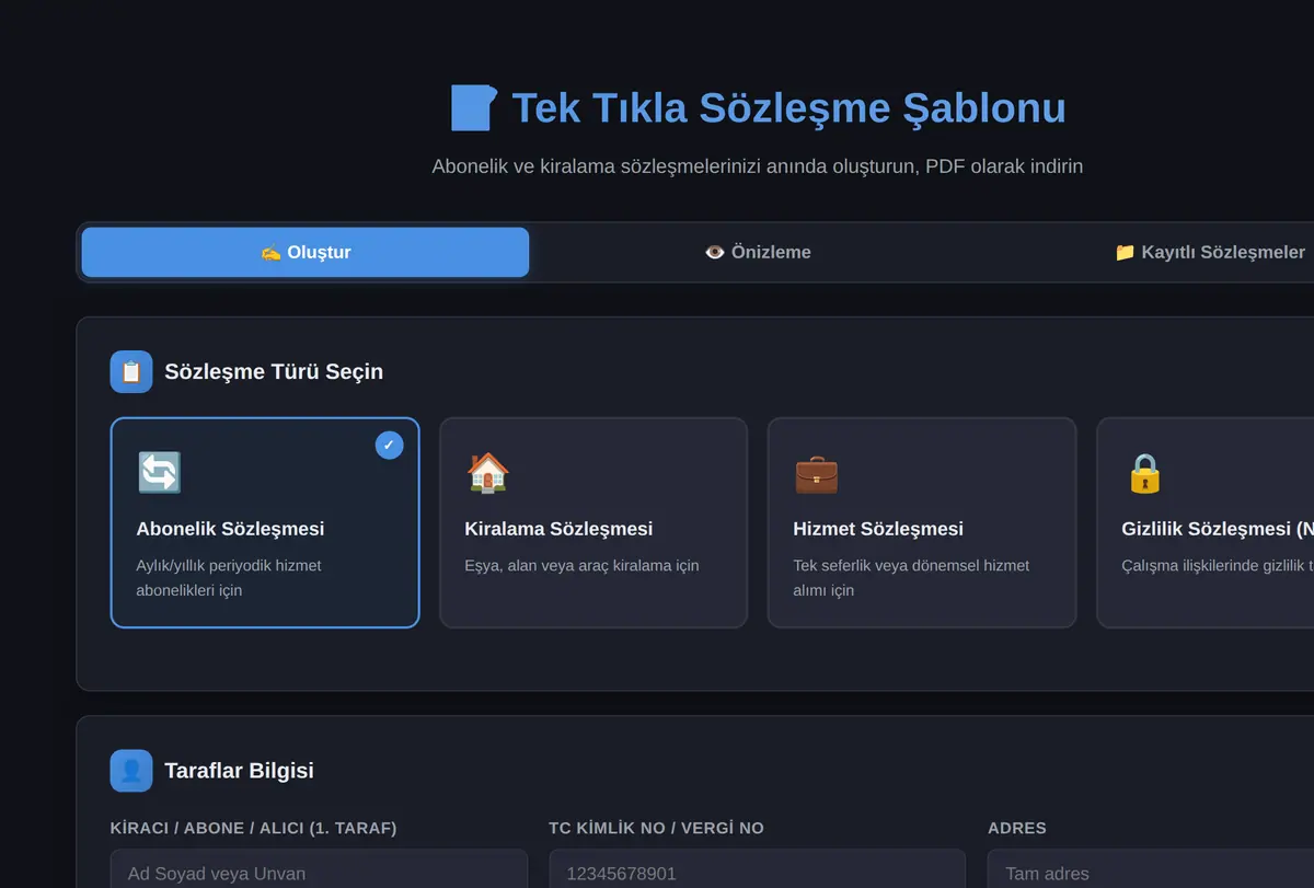 Tek Tıkla Abonelik/Kiralama Sözleşme Şablonu ekran görüntüsü