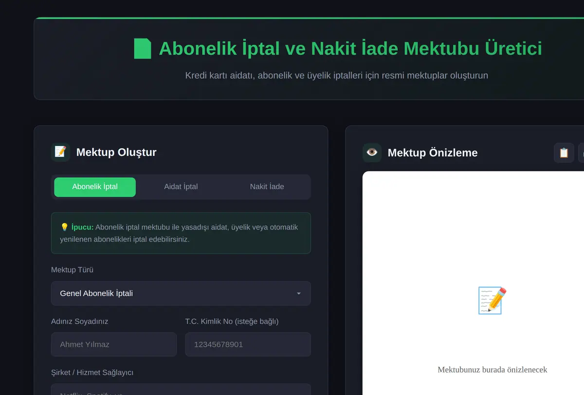 Abonelik İptal ve Nakit İade Mektubu Üretici ekran görüntüsü