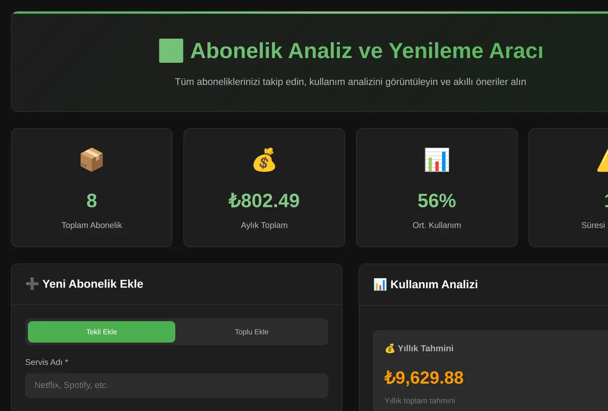 Abonelik Analiz ve Yenileme Aracı ekran görüntüsü