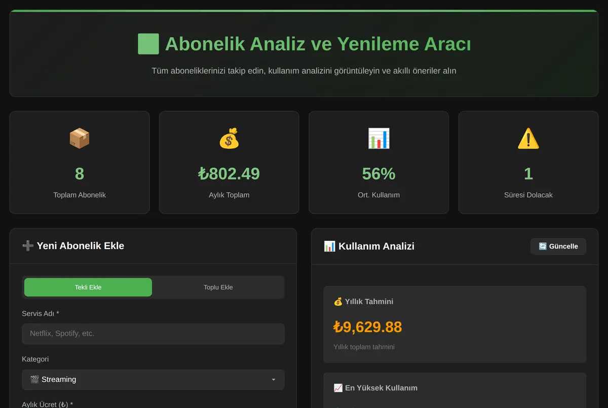 Abonelik Analiz ve Yenileme Aracı ekran görüntüsü 2