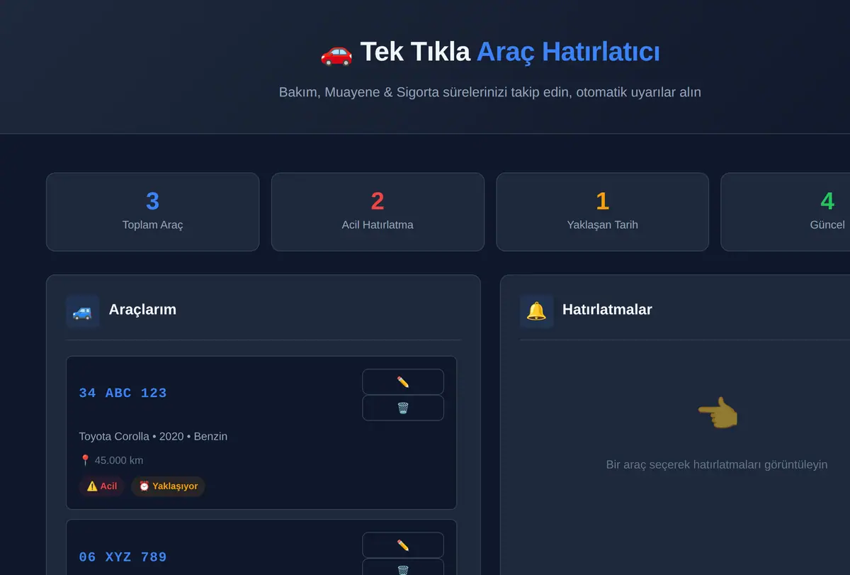 Tek Tıkla Araç Hatırlatıcı: Bakım, Muayene & Sigorta ekran görüntüsü