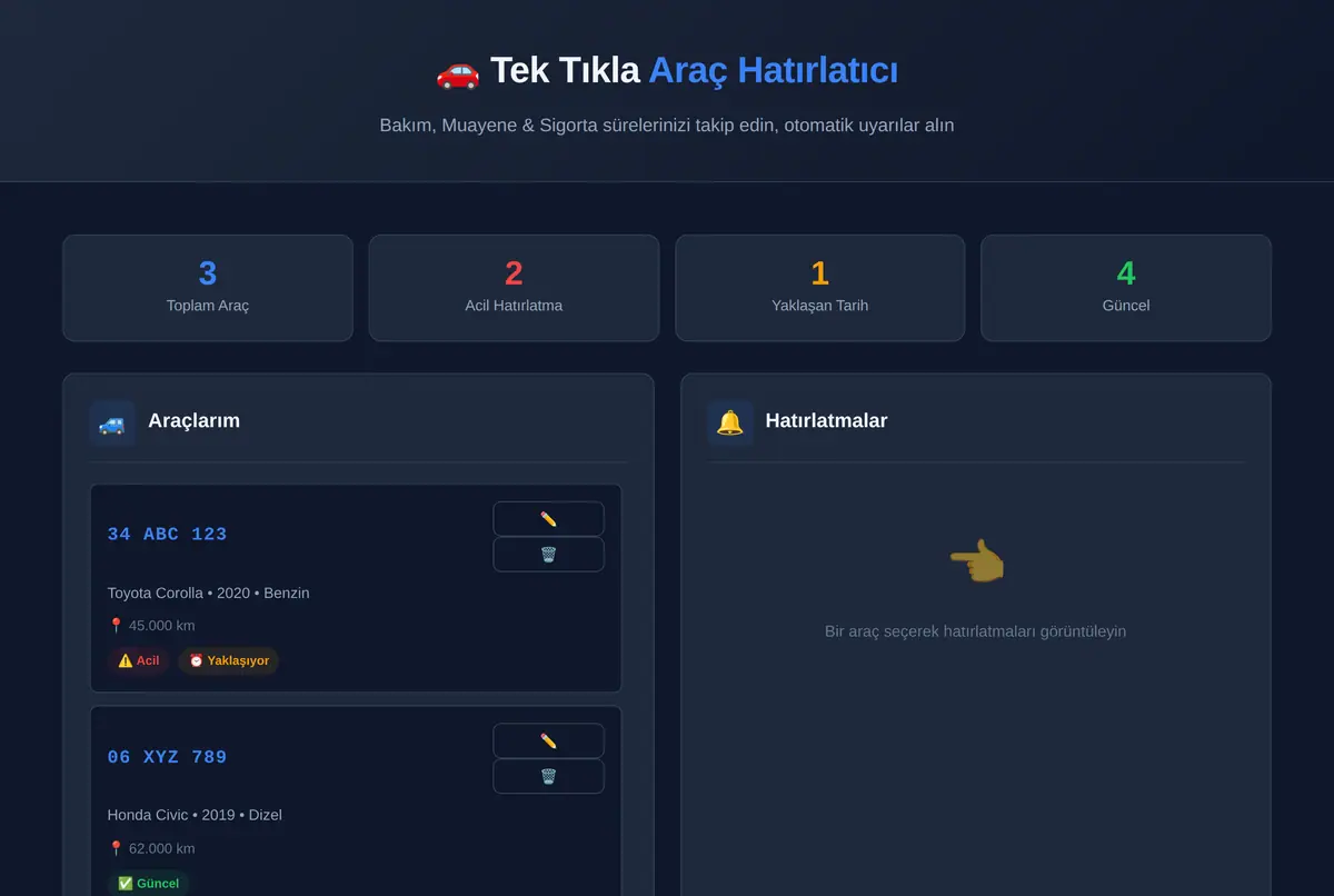 Tek Tıkla Araç Hatırlatıcı: Bakım, Muayene & Sigorta ekran görüntüsü 2