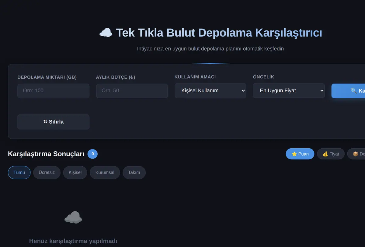 Tek Tıkla Bulut Depolama Karşılaştırıcı ekran görüntüsü