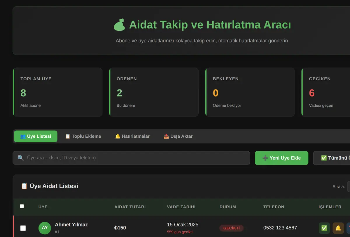 Aidat Takip ve Hatırlatma Aracı ekran görüntüsü