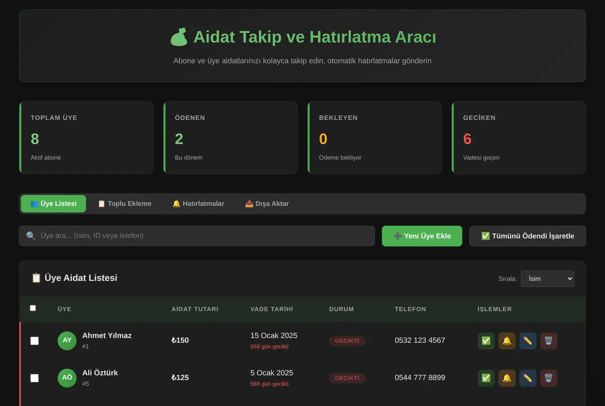 Aidat Takip ve Hatırlatma Aracı ekran görüntüsü 2