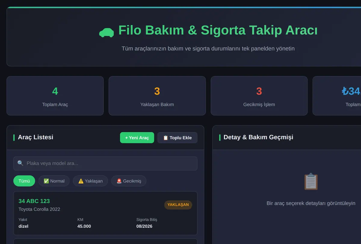 Filo Bakım & Sigorta Takip Aracı ekran görüntüsü
