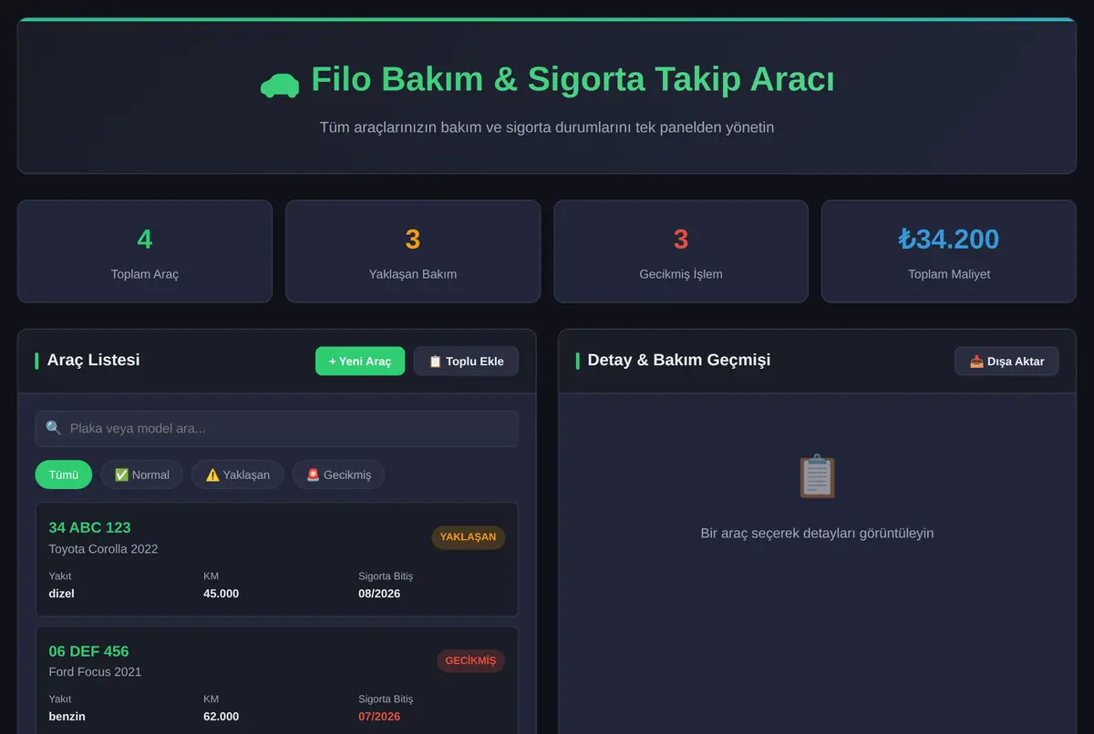 Filo Bakım & Sigorta Takip Aracı ekran görüntüsü 2
