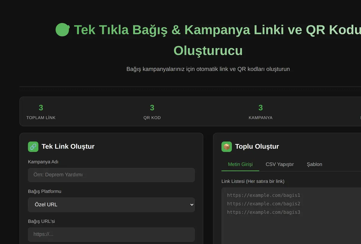 Tek Tıkla Bağış & Kampanya Linki ve QR Kodu Oluşturucu ekran görüntüsü
