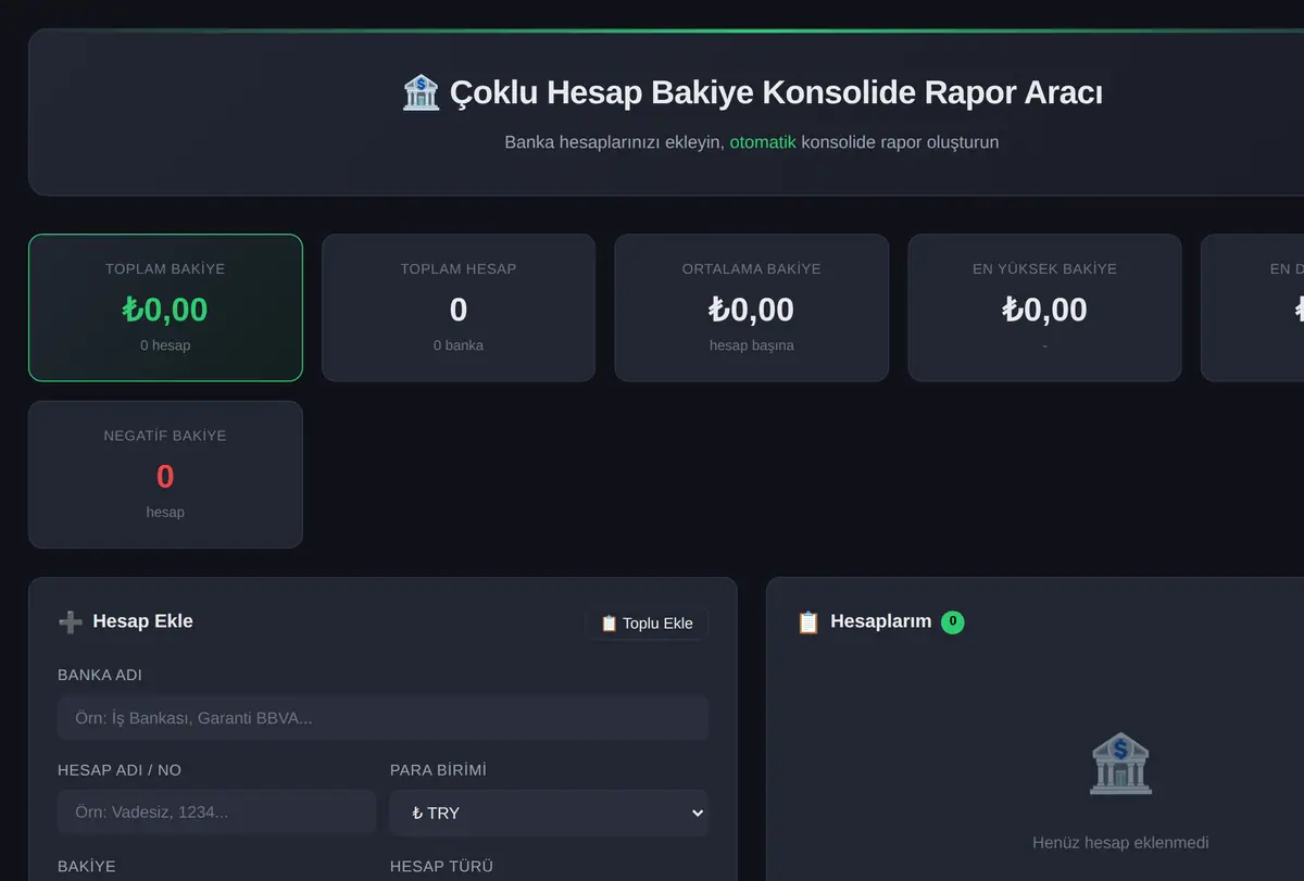 Çoklu Hesap Bakiye Konsolide Rapor Aracı ekran görüntüsü