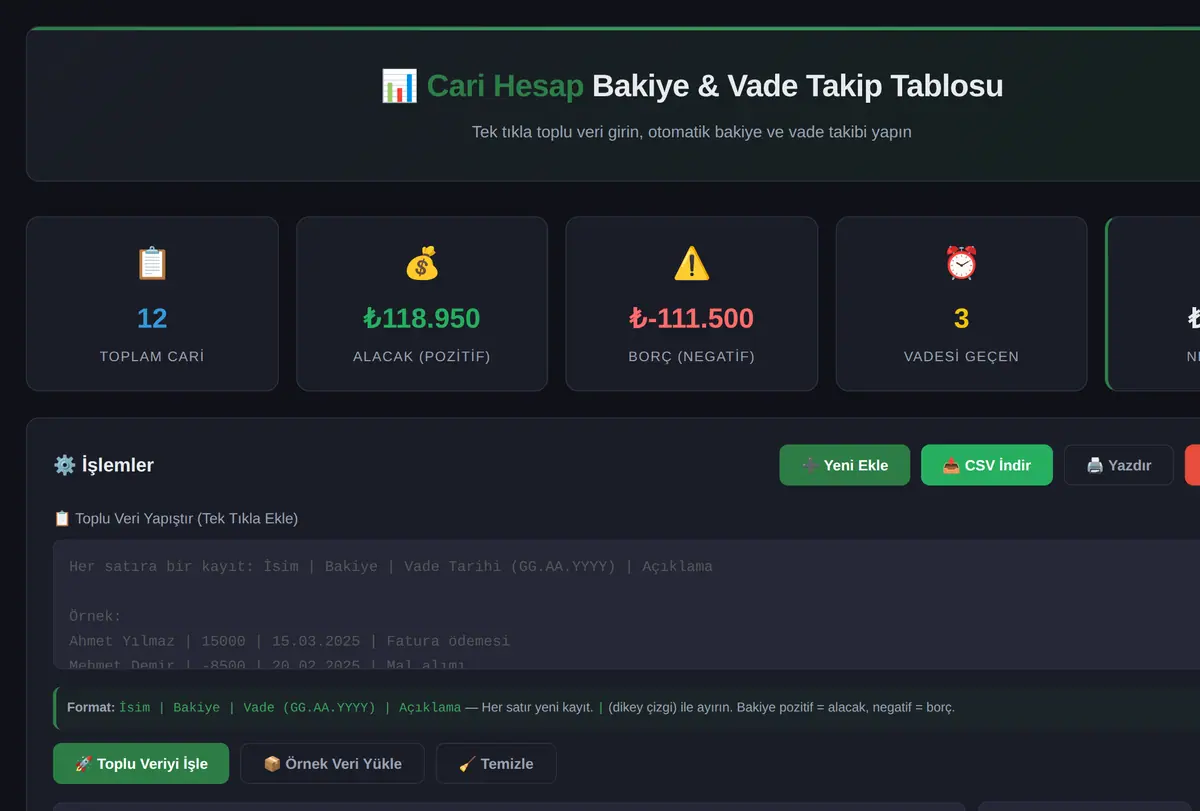 Tek Tıkla Cari Hesap Bakiye & Vade Takip Tablosu ekran görüntüsü
