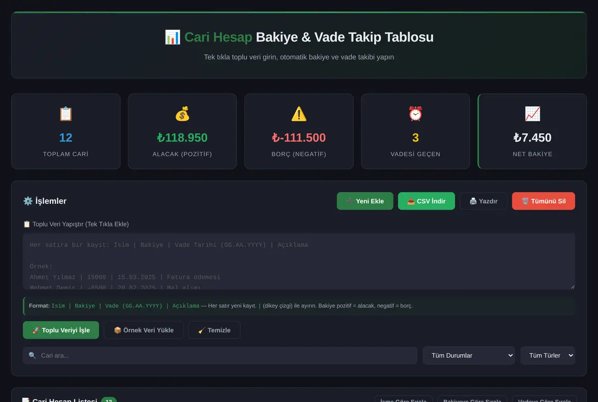 Tek Tıkla Cari Hesap Bakiye & Vade Takip Tablosu ekran görüntüsü 2