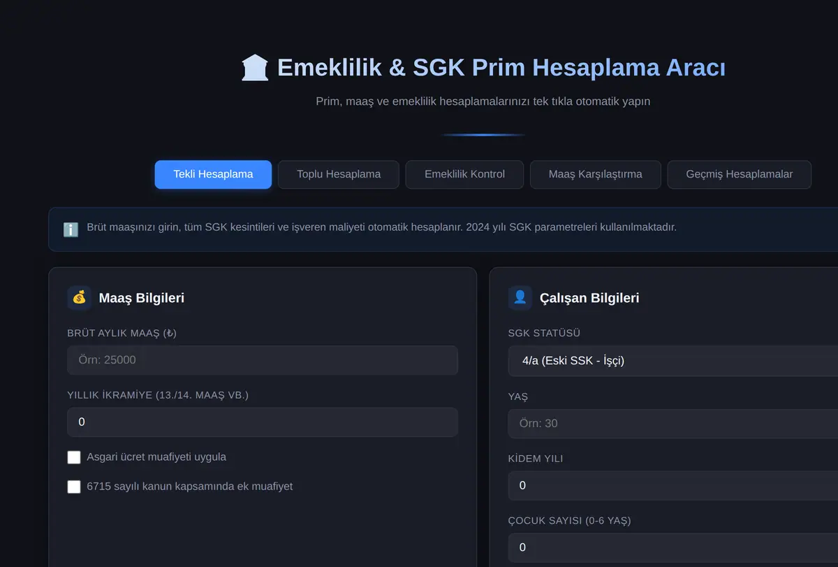 Emeklilik & SGK Prim Hesaplama Aracı ekran görüntüsü