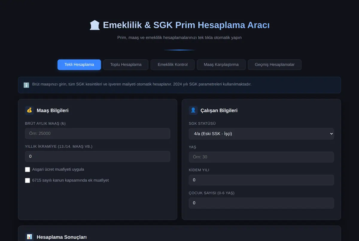 Emeklilik & SGK Prim Hesaplama Aracı ekran görüntüsü 2