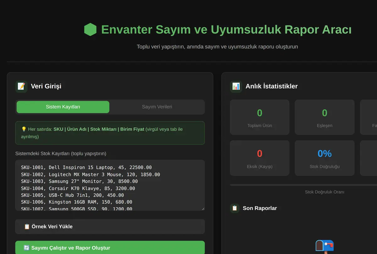 Envanter Sayım ve Uyumsuzluk Rapor Aracı ekran görüntüsü