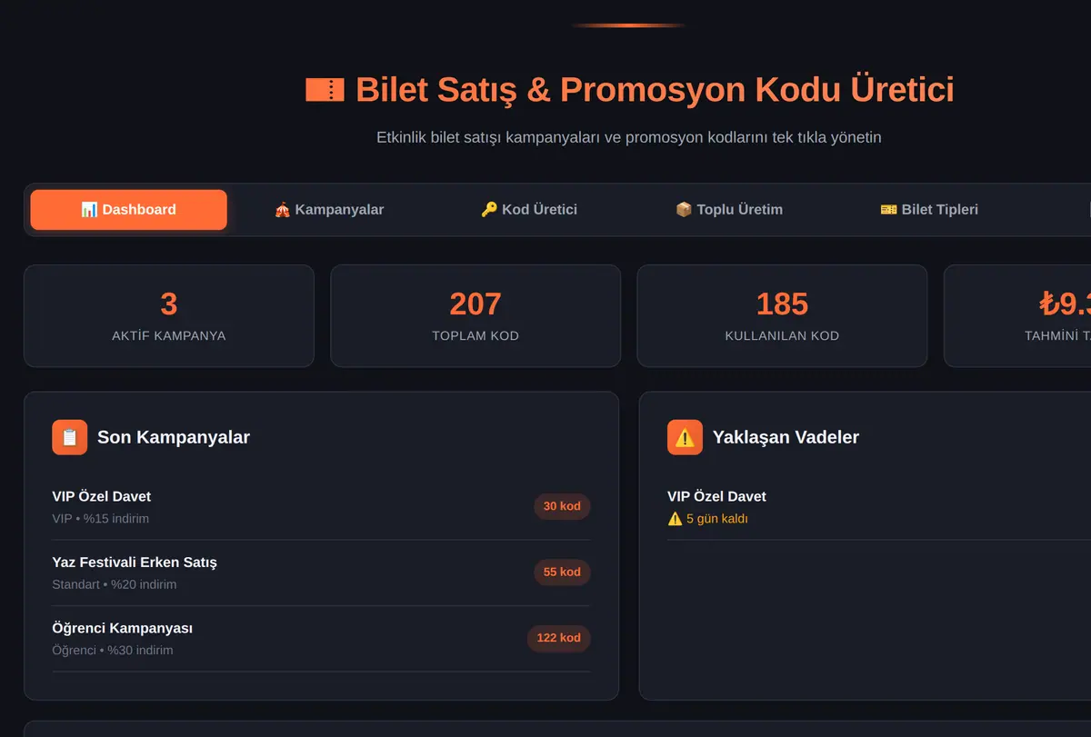 Bilet Satış & Promosyon Kodu Üretici ekran görüntüsü