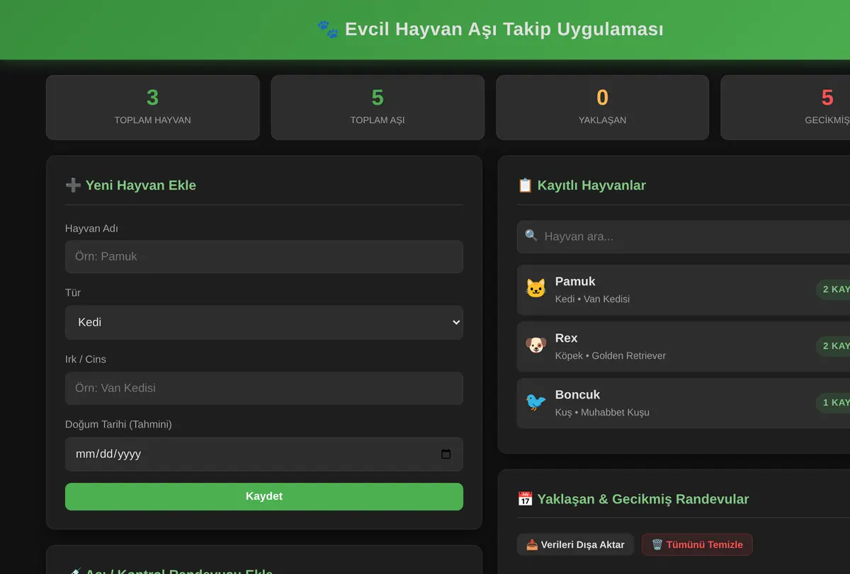 Evcil Hayvan Aşı Takip Uygulaması ekran görüntüsü