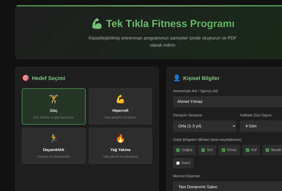 Tek Tıkla Fitness Antrenman Programı PDF Oluşturucu ekran görüntüsü