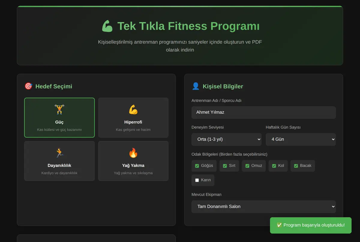 Tek Tıkla Fitness Antrenman Programı PDF Oluşturucu ekran görüntüsü 2