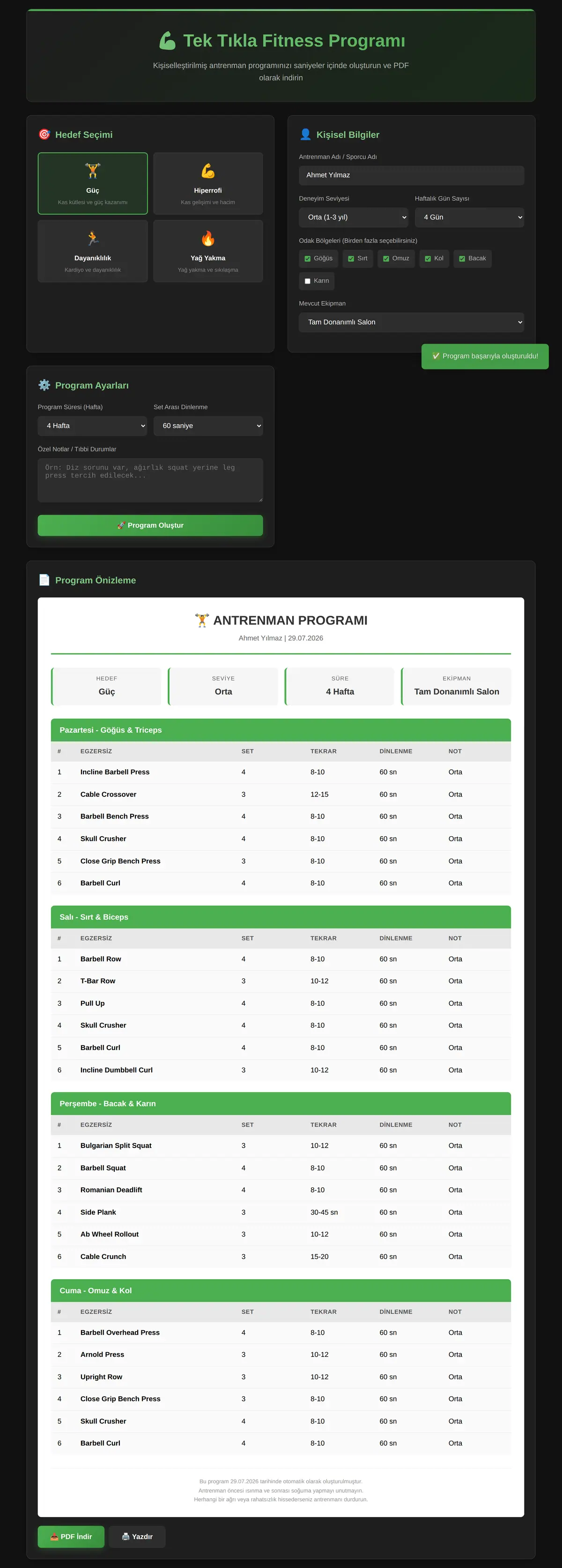 Tek Tıkla Fitness Antrenman Programı PDF Oluşturucu ekran görüntüsü 3
