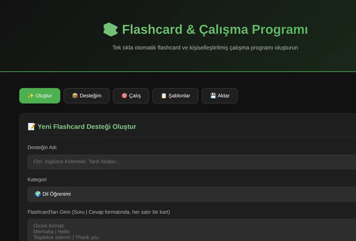 Flashcard & Çalışma Programı Oluşturucu ekran görüntüsü