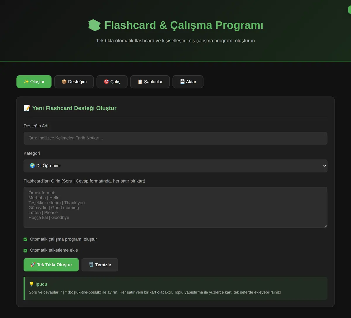 Flashcard & Çalışma Programı Oluşturucu ekran görüntüsü 3