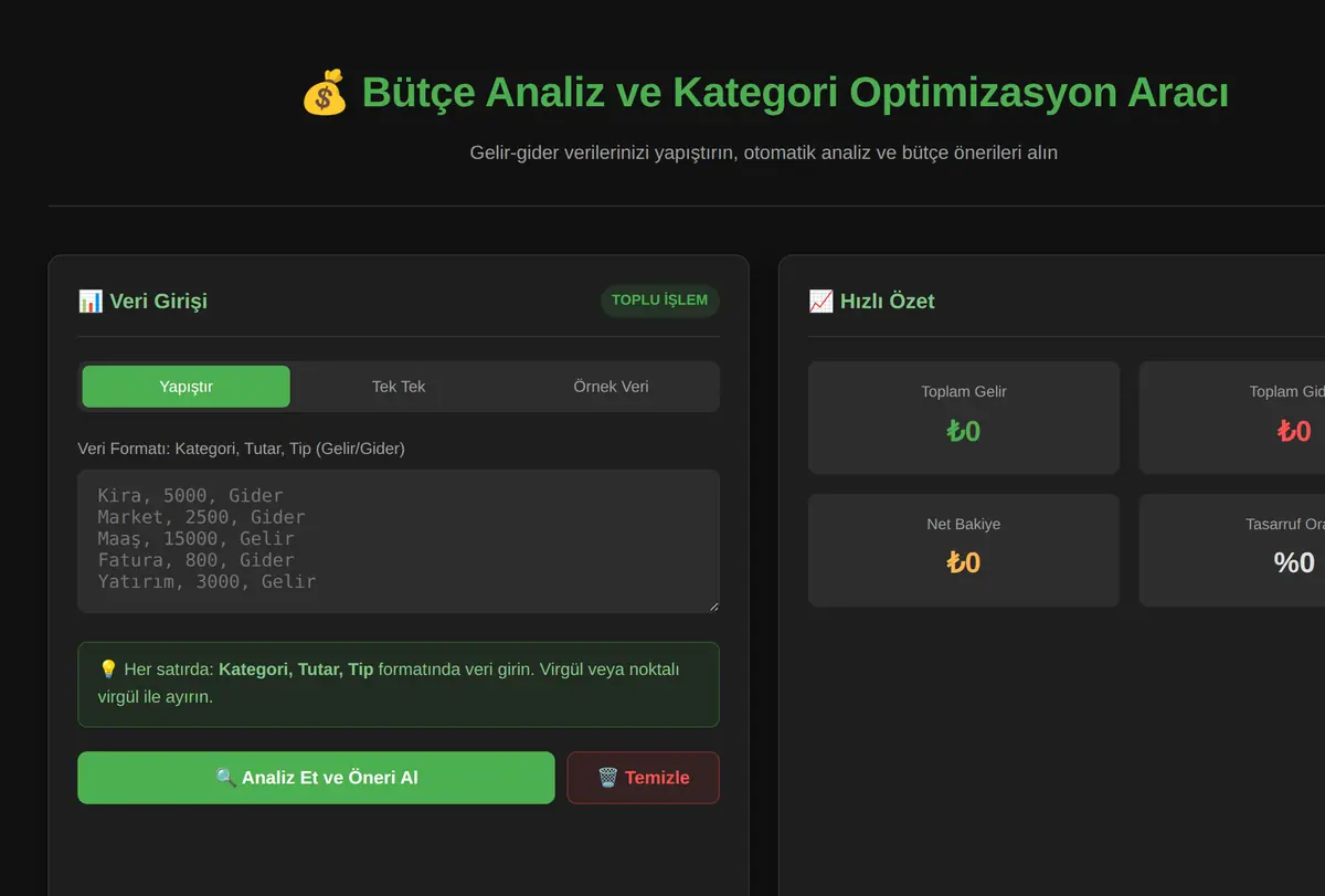 Bütçe Analiz ve Kategori Optimizasyon Aracı ekran görüntüsü