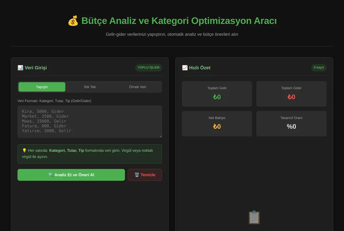 Bütçe Analiz ve Kategori Optimizasyon Aracı ekran görüntüsü 2
