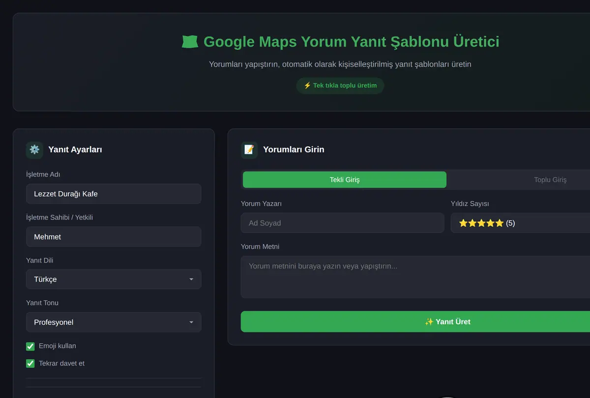 Google Maps Yorum Yanıt Şablonu Üretici ekran görüntüsü