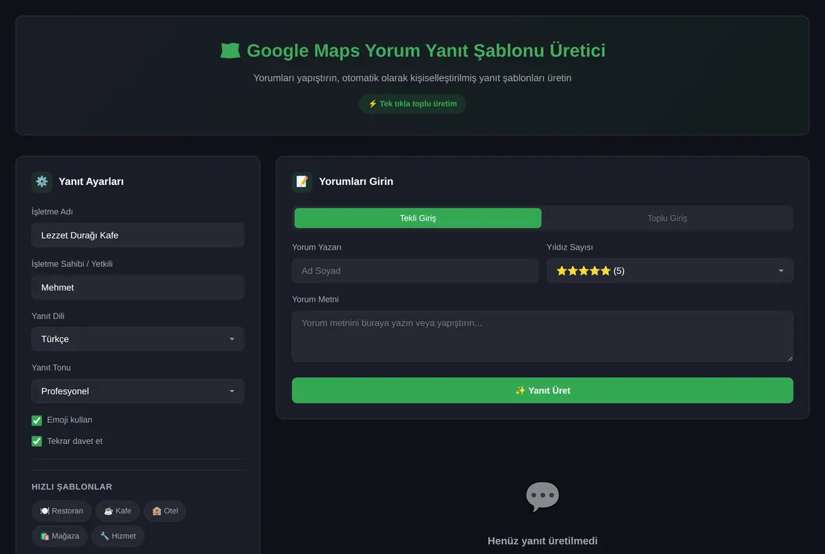 Google Maps Yorum Yanıt Şablonu Üretici ekran görüntüsü 2