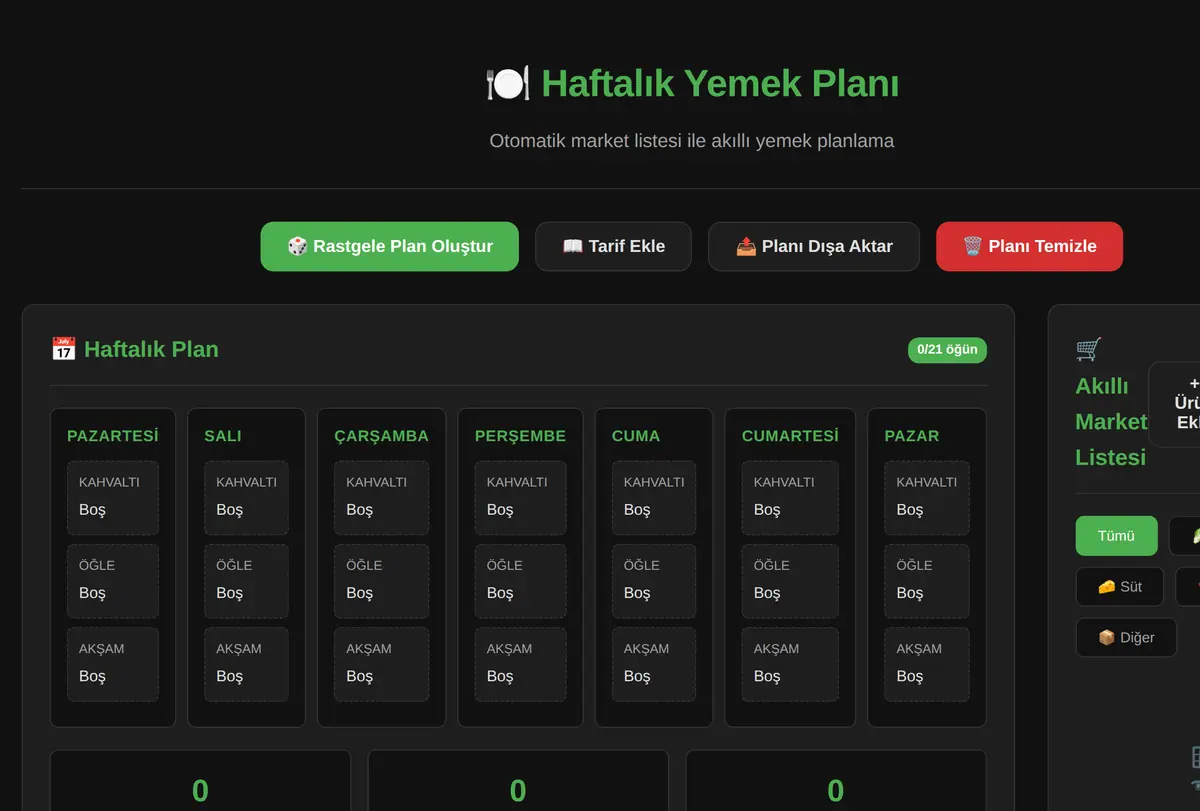 Haftalık Yemek Planı ve Akıllı Market Listesi ekran görüntüsü